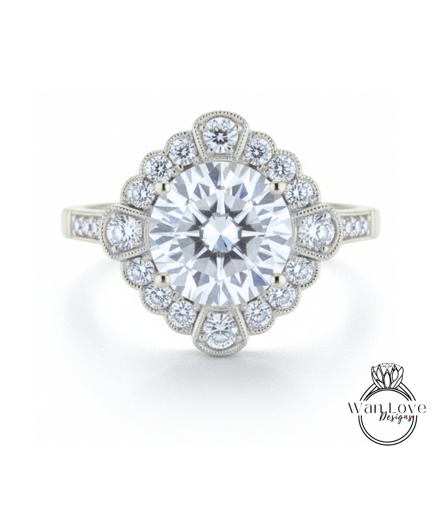 A stunning diamond engagement ring with a large central diamond surrounded by smaller diamonds set in a halo-like design.