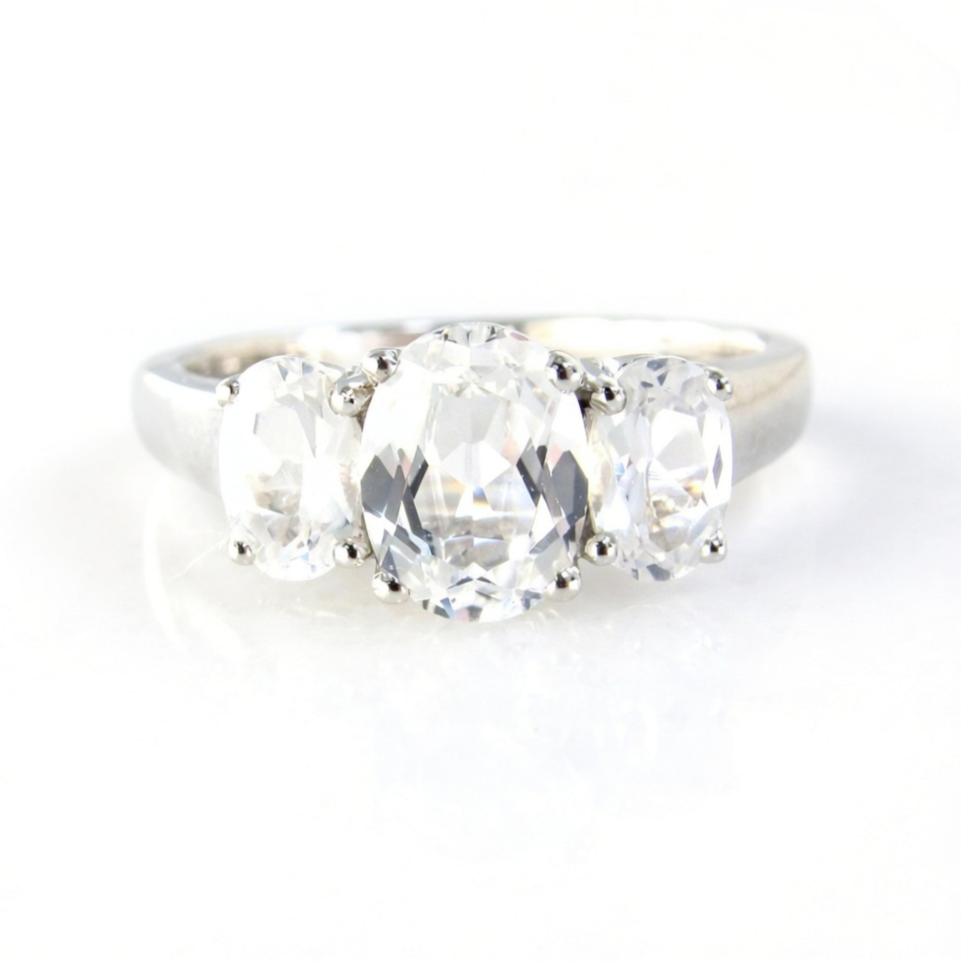 White Sapphire 3 gem Stone Oval Engagement Ring 3 Gemstone Ring 2ct 1ct Bridal wedding ring Aniversary Gift for her Cathedral-Ready to Ship