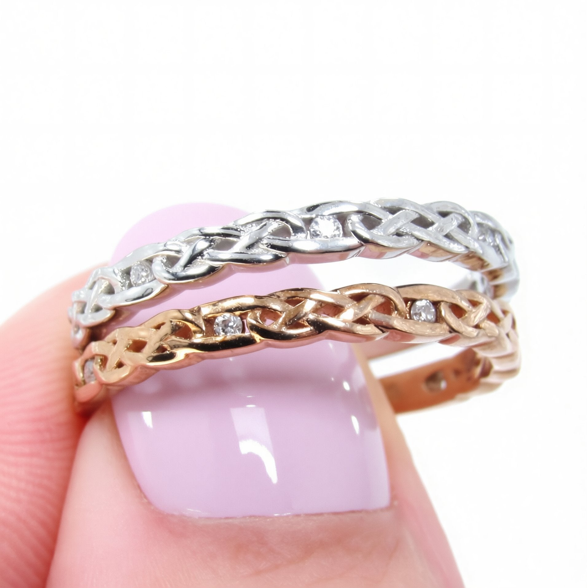 Moissanite Celtic Knot Braided Infinity Twist Split Shank womans Wedding Band Ring Rose or White Gold Custom Anniversary Gift Ready to Ship Wan Love Designs