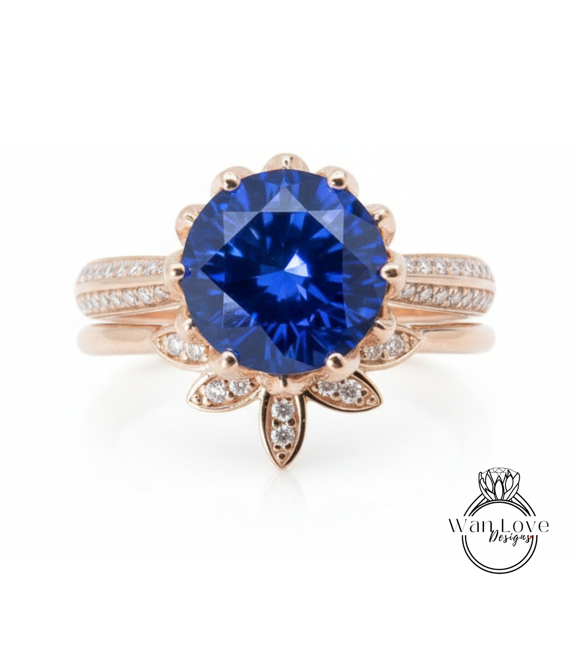 A close-up image of a gold ring with a large blue gemstone at the center, surrounded by smaller diamonds.