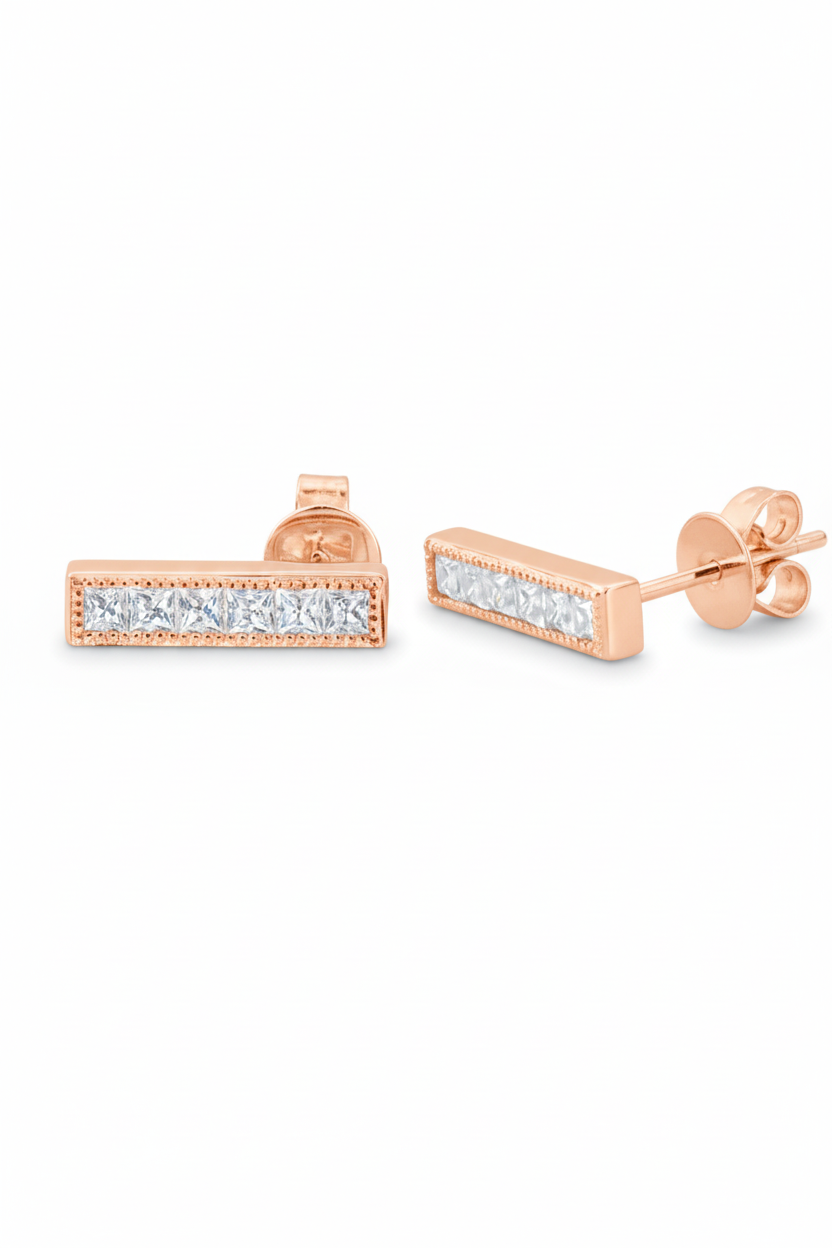 Dainty Milgrain Bar Drop Earrings • Princess Diamond Studs • Moissanite Bar Earrings • Birthstone Princess Earrings • Wedding Jewelry Gifts