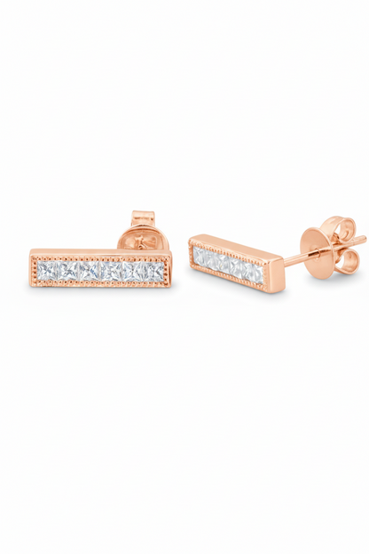 Dainty Milgrain Bar Drop Earrings • Princess Diamond Studs • Moissanite Bar Earrings • Birthstone Princess Earrings • Wedding Jewelry Gifts