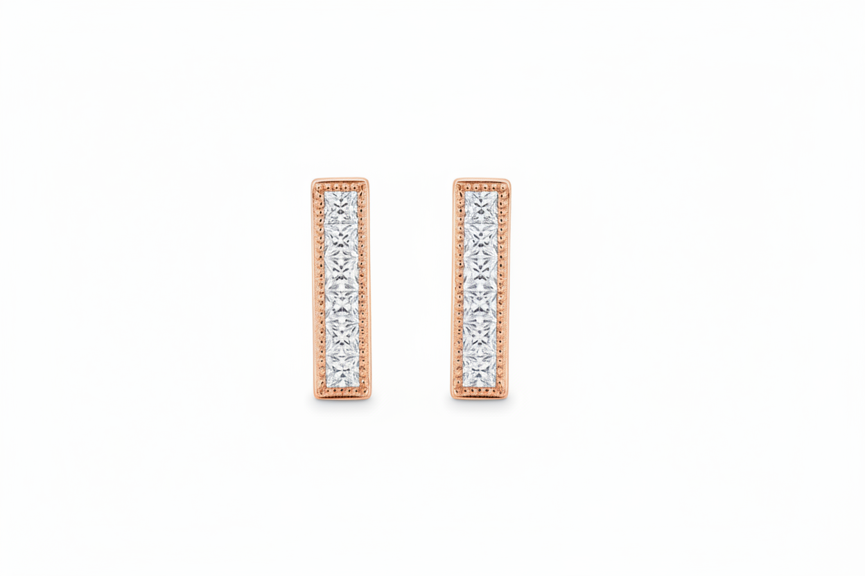 Dainty Milgrain Bar Drop Earrings • Princess Diamond Studs • Moissanite Bar Earrings • Birthstone Princess Earrings • Wedding Jewelry Gifts