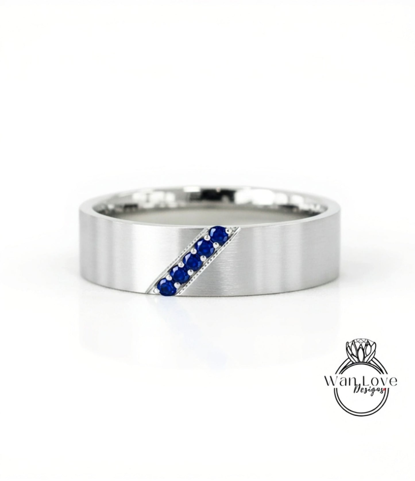 Diagonal Men's Sapphire Ring - Sapphire Ring Men - Diamonds Wedding Band - 5mm Band Moissanite - Unique Mens Band - 14k Gold - Ring For Men