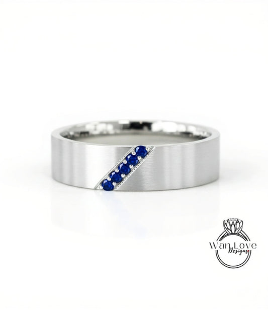 Diagonal Men's Sapphire Ring - Sapphire Ring Men - Diamonds Wedding Band - 5mm Band Moissanite - Unique Mens Band - 14k Gold - Ring For Men