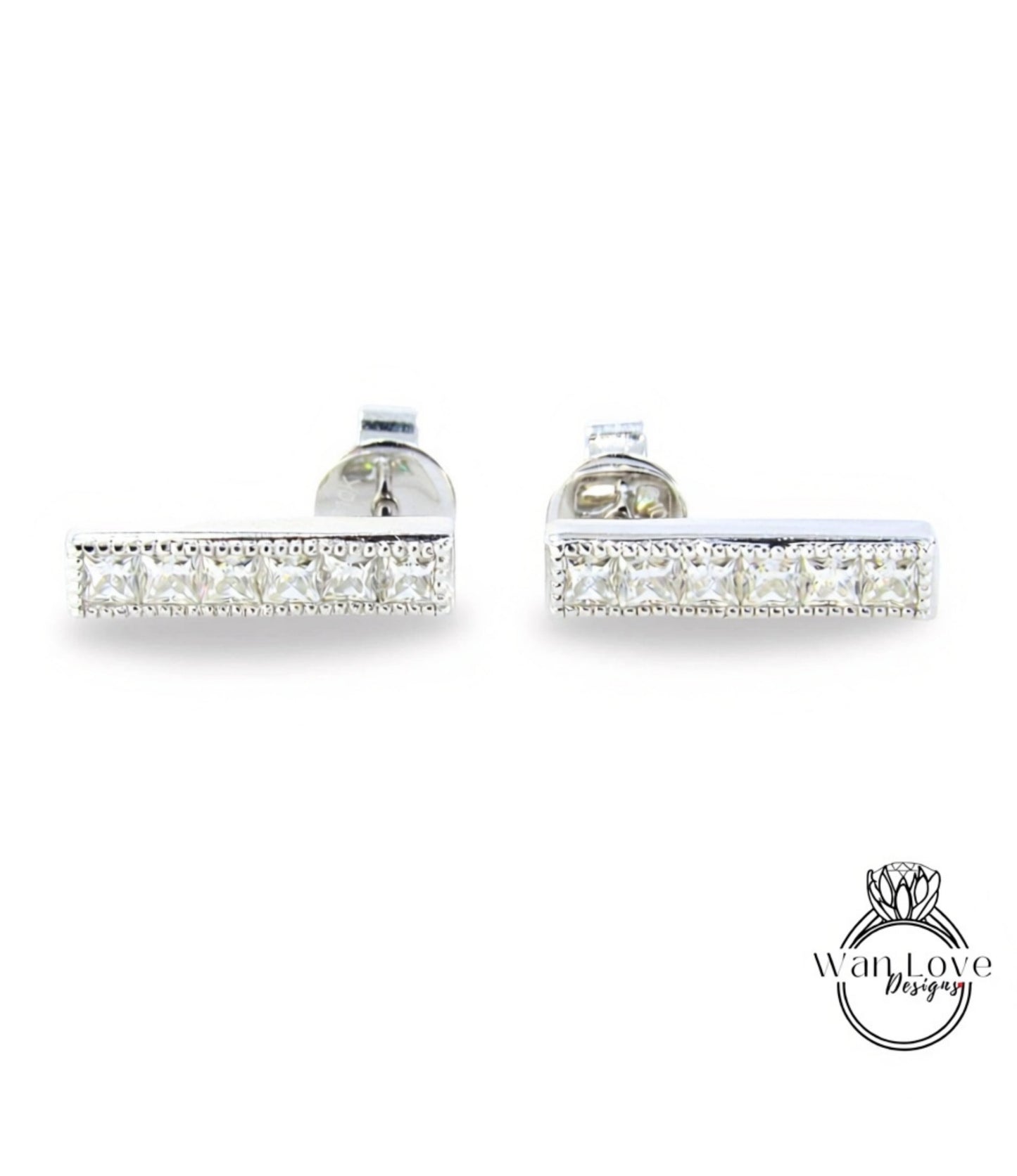 Moissanite Milgrain Bar Earrings Studs French cut moissanite earrings 6 gem stone Princess Earrings White Gold Wedding jewelry Ready to Ship Wan Love Designs