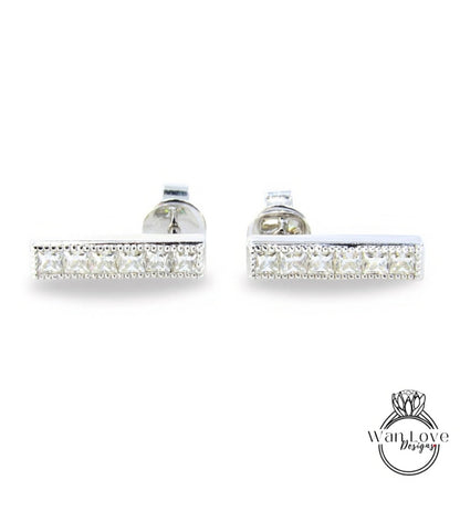 Moissanite Milgrain Bar Earrings Studs French cut moissanite earrings 6 gem stone Princess Earrings White Gold Wedding jewelry Ready to Ship Wan Love Designs