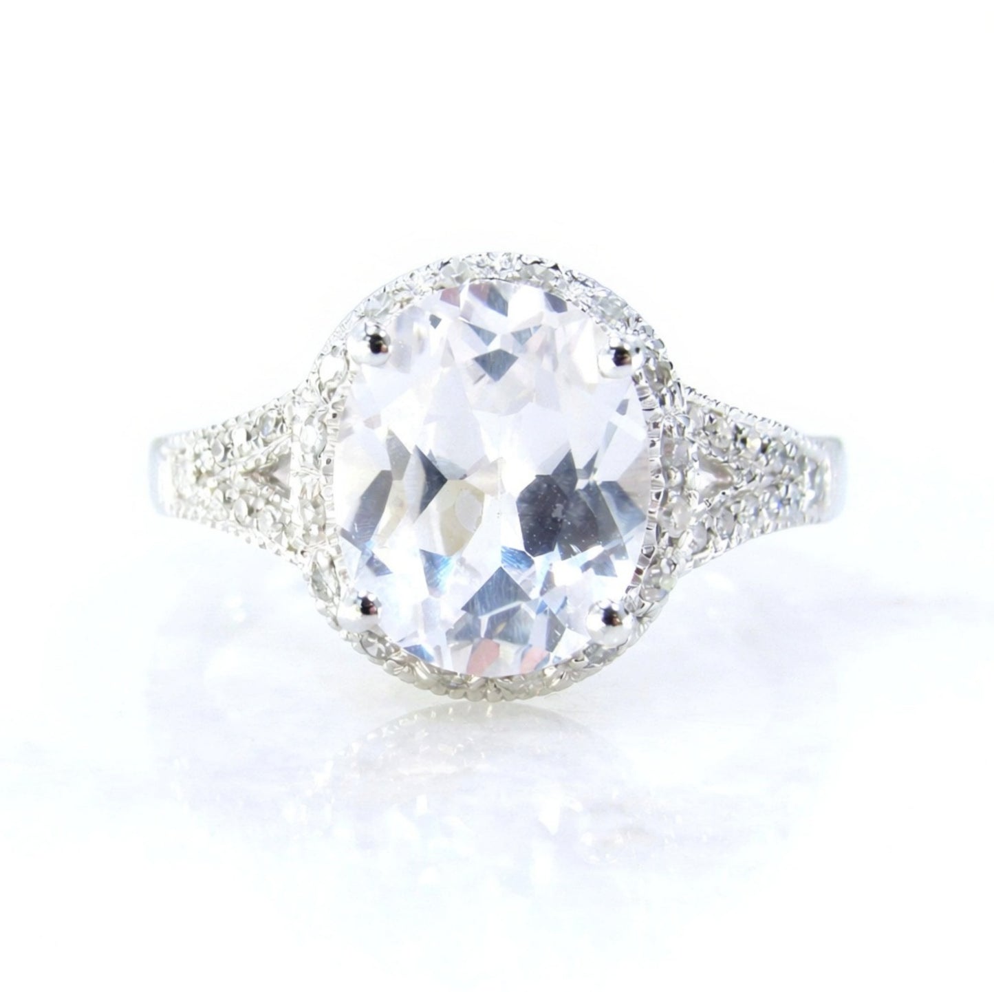 White Sapphire & Diamond Oval Halo Split Shank Milgrain Antique Vintage Engagement Ring 4ct 10x8mm Wedding Anniversary Gift-Ready to ship