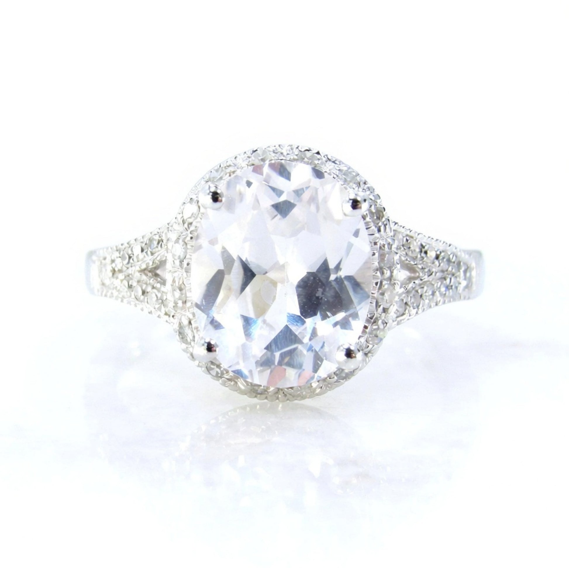 White Sapphire & Diamond Oval Halo Split Shank Milgrain Antique Vintage Engagement Ring 4ct 10x8mm Wedding Anniversary Gift-Ready to ship