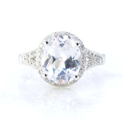 White Sapphire & Diamond Oval Halo Split Shank Milgrain Antique Vintage Engagement Ring 4ct 10x8mm Wedding Anniversary Gift-Ready to ship