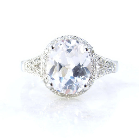 White Sapphire & Diamond Oval Halo Split Shank Milgrain Antique Vintage Engagement Ring 4ct 10x8mm Wedding Anniversary Gift-Ready to ship