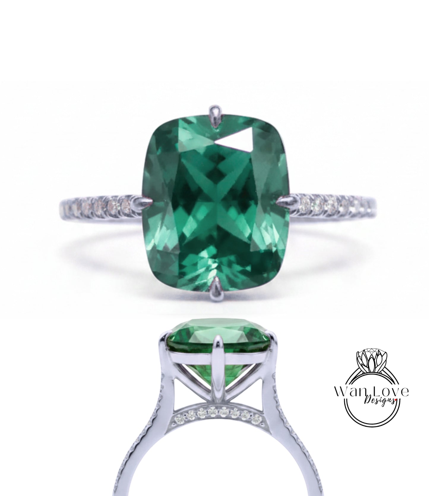 A large, green gemstone engagement ring with a silver band and small diamonds.