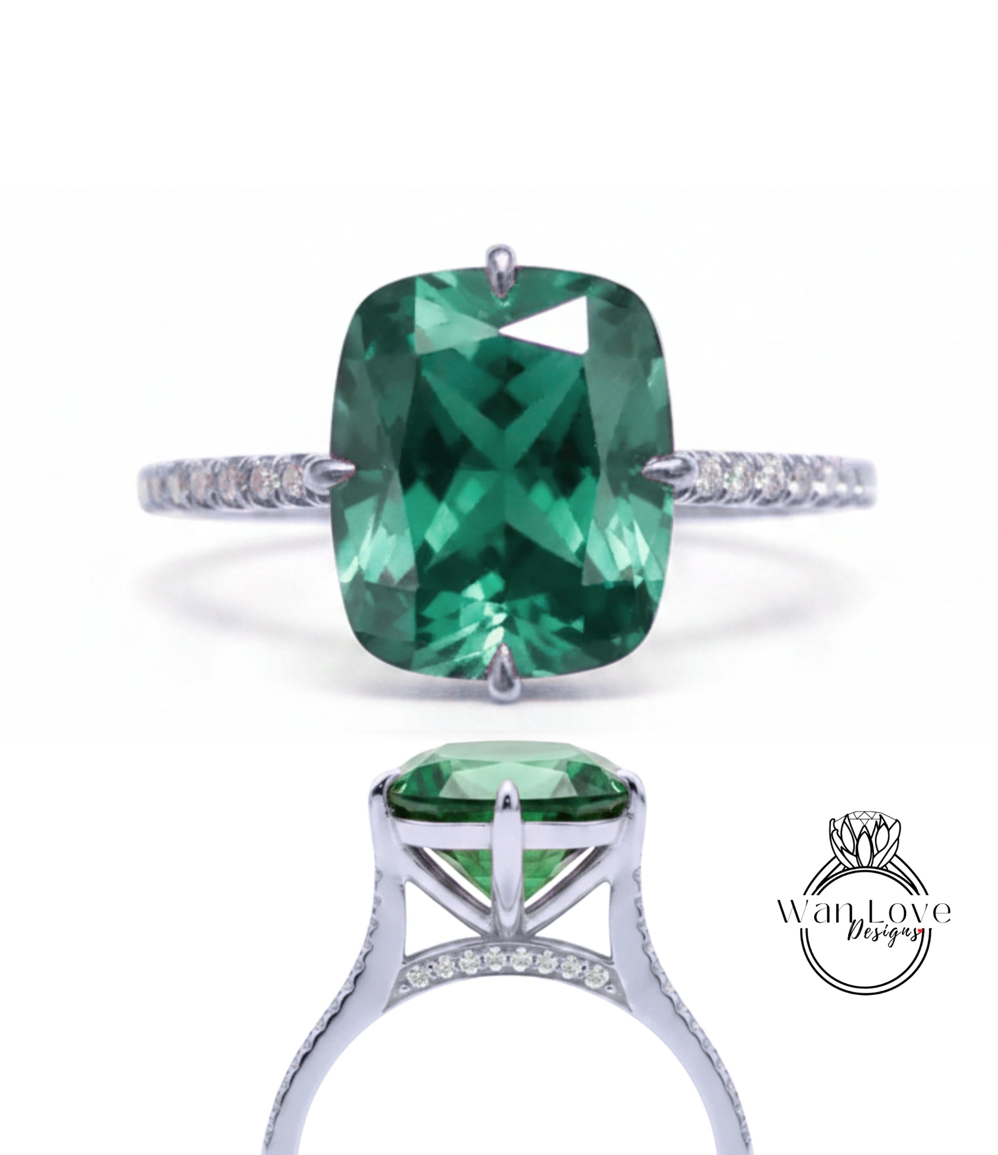 A large, green gemstone engagement ring with a silver band and small diamonds.
