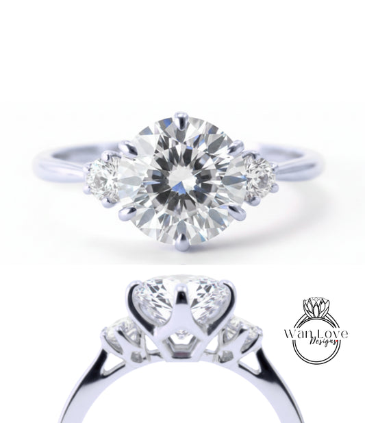 A close-up view of a diamond engagement ring with a large, brilliant-cut diamond set in a silver band.