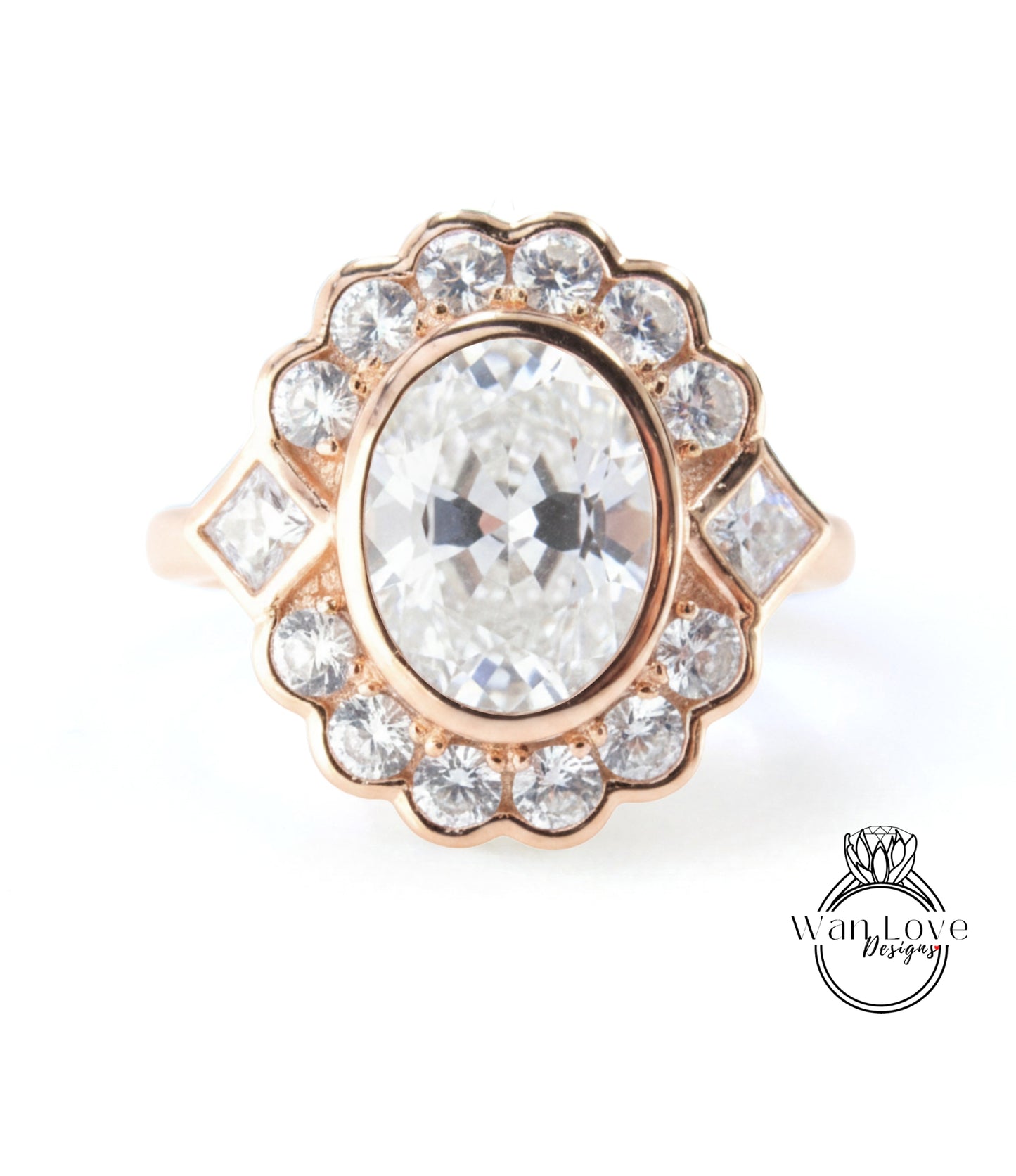 A beautiful engagement ring with a large oval-shaped diamond surrounded by smaller diamonds, set in a rose gold band.