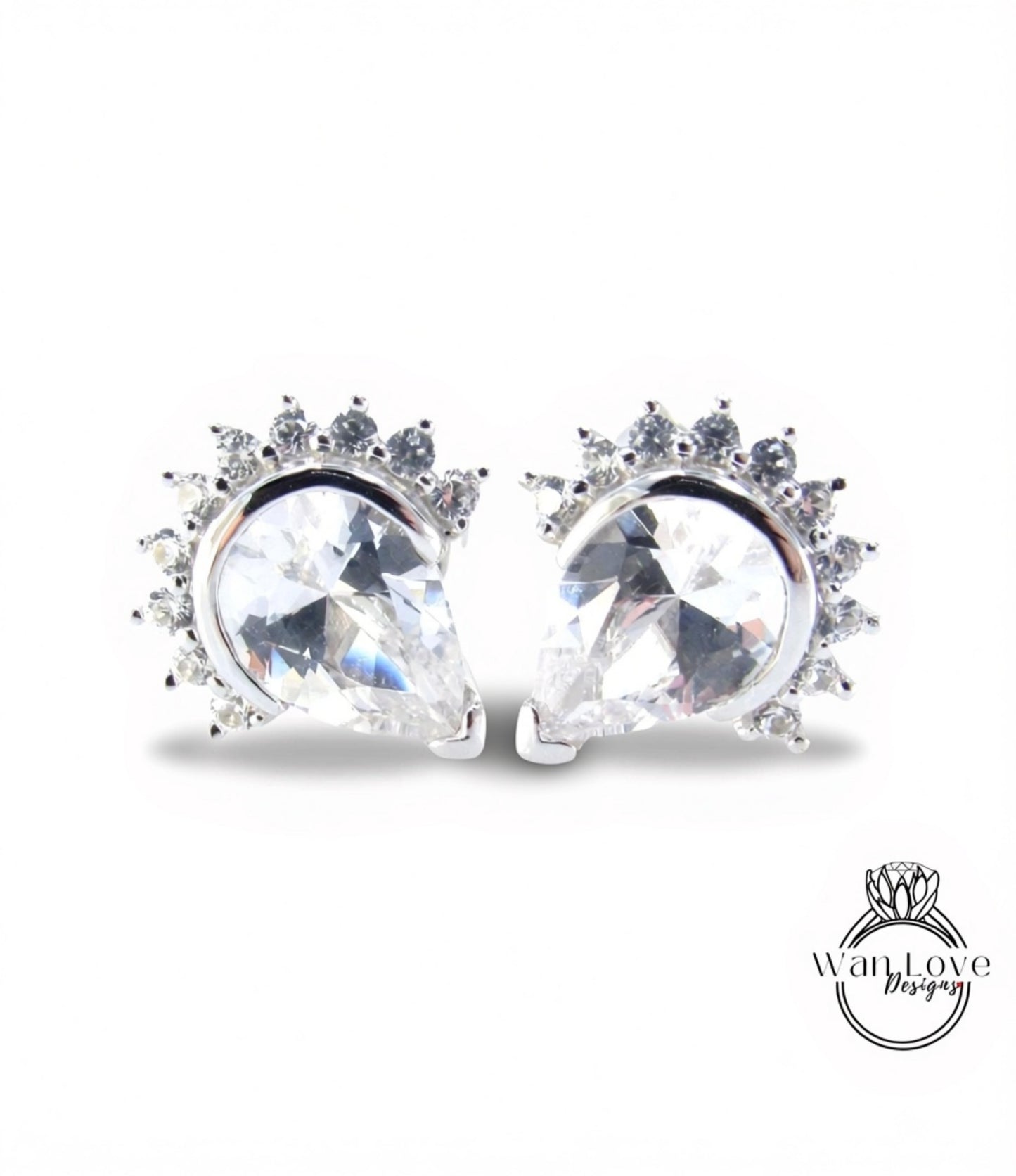 White Sapphire Semi Bezel Pear Crown Half Halo Stud Earrings vintage wedding jewelry white gold art deco earrings pear stud anniversary gift