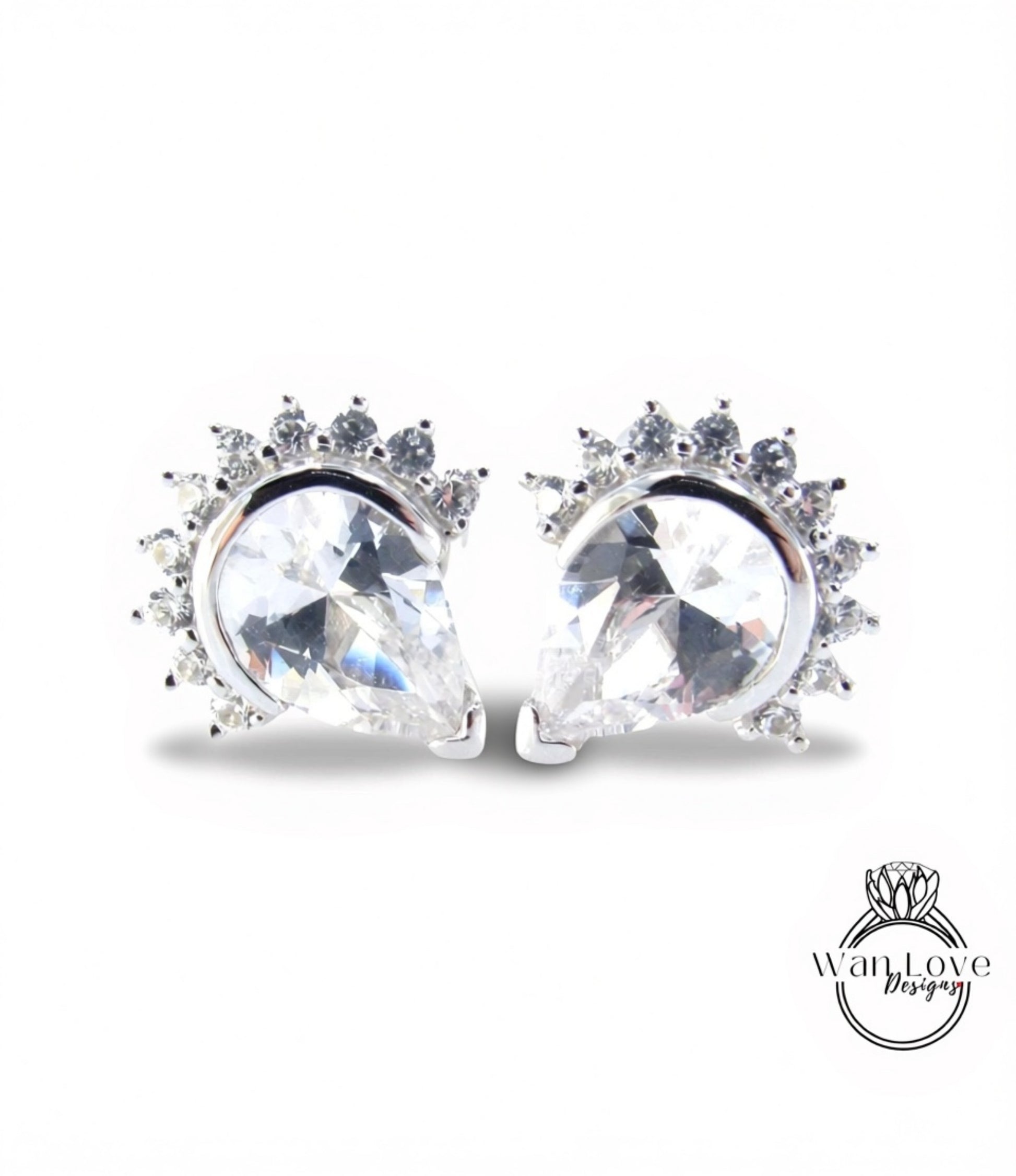 White Sapphire Semi Bezel Pear Crown Half Halo Stud Earrings vintage wedding jewelry white gold art deco earrings pear stud anniversary gift
