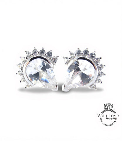 White Sapphire Semi Bezel Pear Crown Half Halo Stud Earrings vintage wedding jewelry white gold art deco earrings pear stud anniversary gift