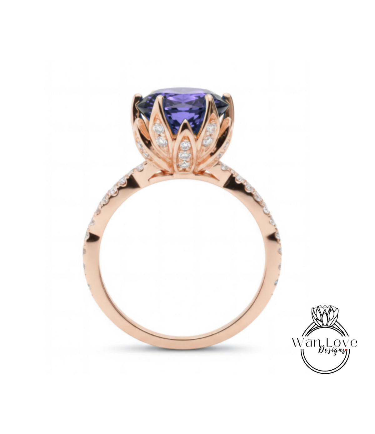 A rose gold ring with a large purple gemstone set in the center, surrounded by smaller diamonds.