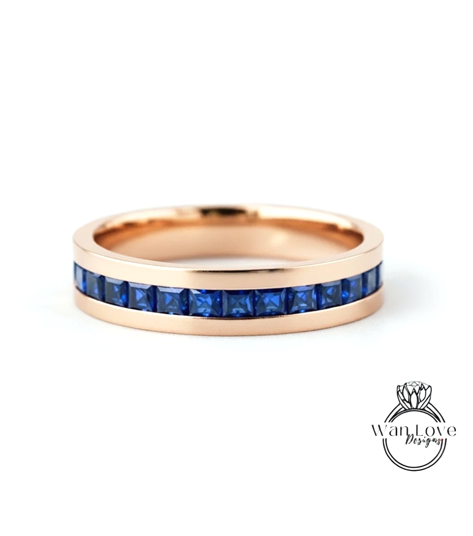 Blue Sapphire Channel set Wedding Band Mens Engagement Ring Mans Birthstone Ring 14kt 18kt White Rose Yellow Gold Platinum Anniversary Gift