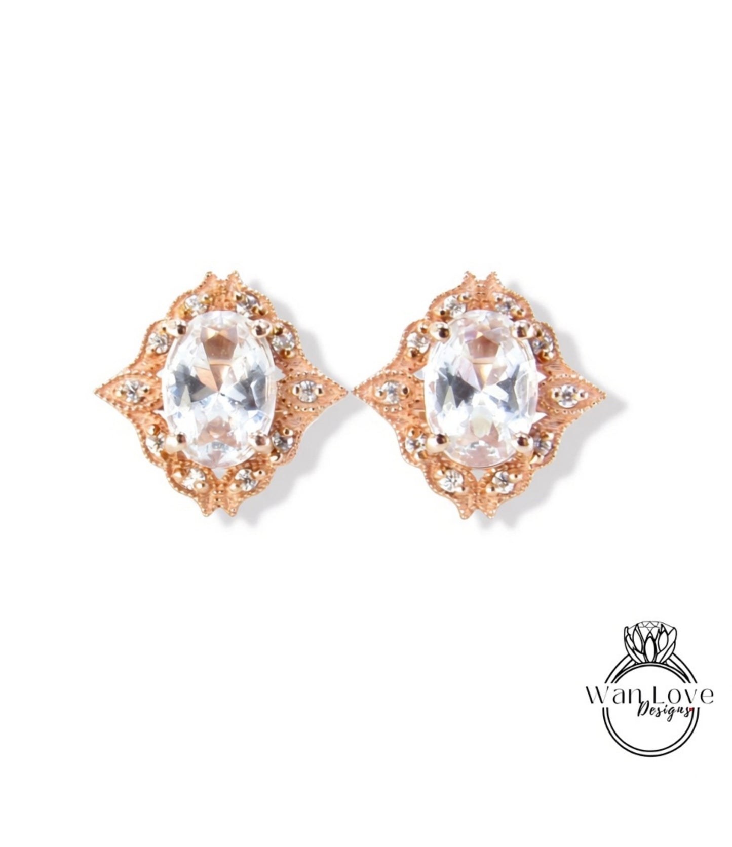 Art deco White Sapphire halo Earrings Unique vintage Moissanite milgrain Bridal studs Oval cut floral Wedding Day Anniversary jewelry gift Wan Love Designs