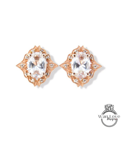 Art deco White Sapphire halo Earrings Unique vintage Moissanite milgrain Bridal studs Oval cut floral Wedding Day Anniversary jewelry gift Wan Love Designs