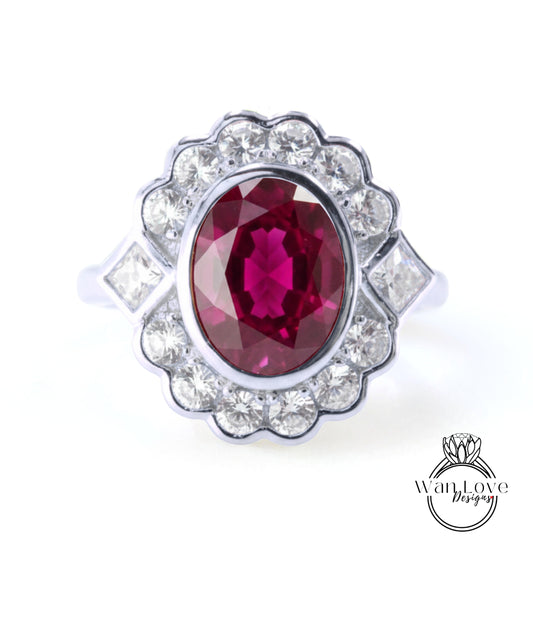 A stunning ring featuring a large oval-shaped gemstone surrounded by a halo of smaller diamonds, set in a silver band.
