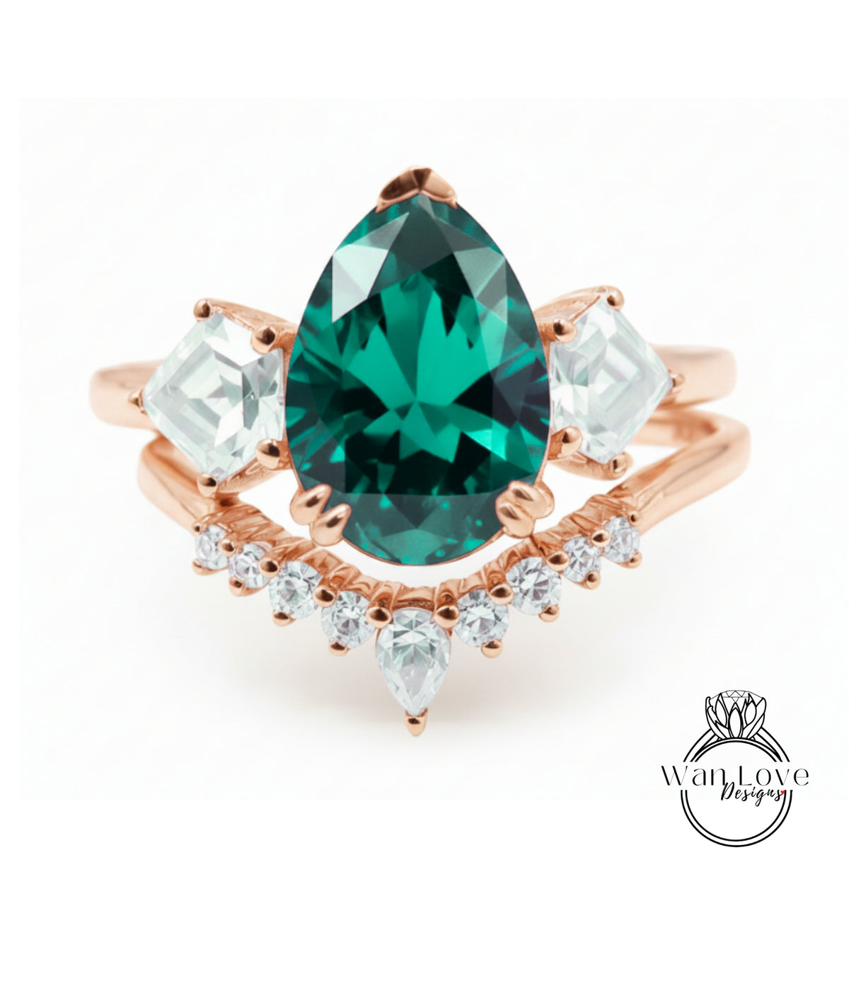 a beautiful engagement ring with a large, green gemstone set in a rose gold band. The ring is adorned with smaller diamonds arranged in a decorative pattern around the band, creating an elegant and eye-catching design.