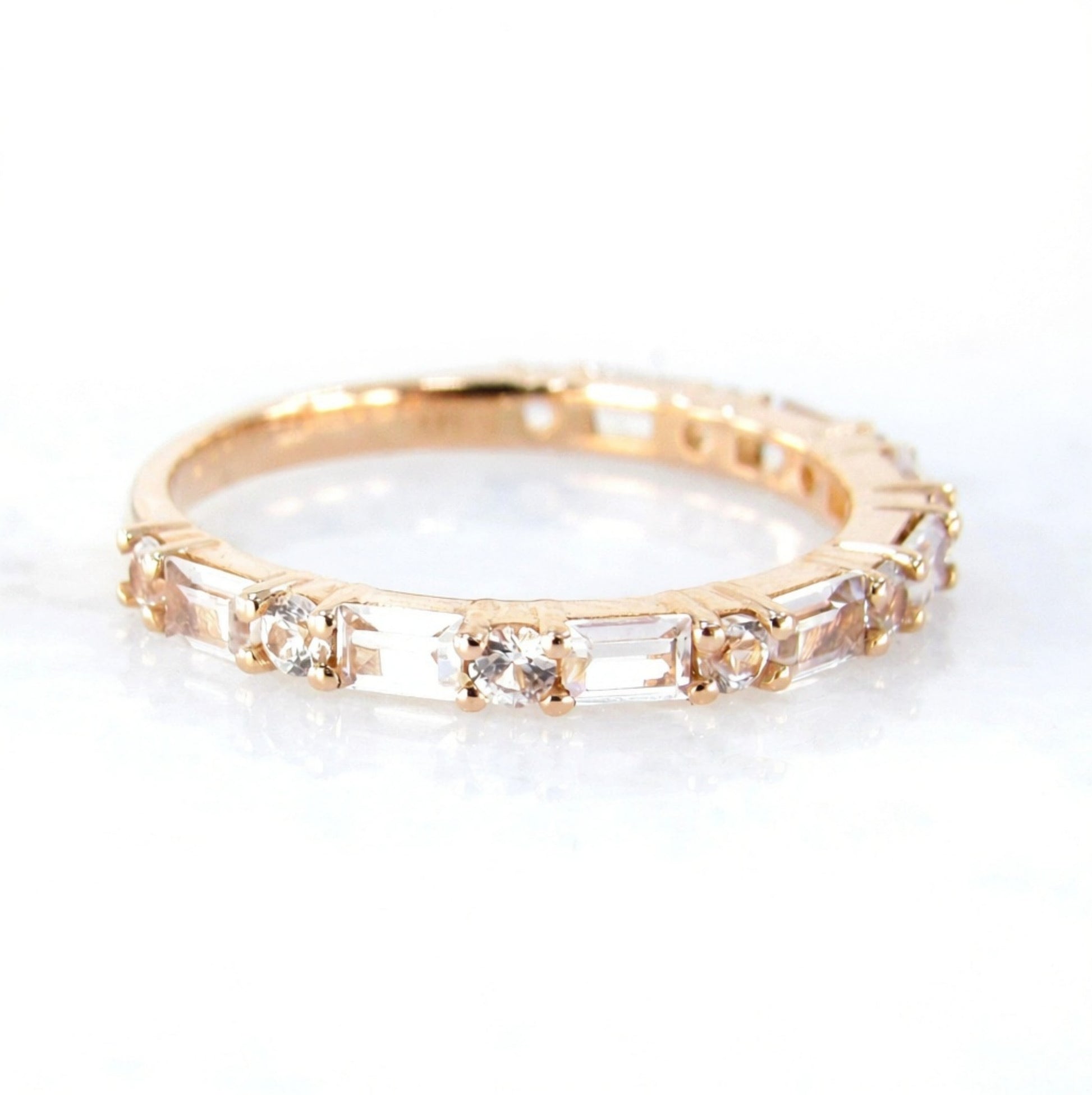 White Sapphire Baguette Round Wedding Band, Stackable Ring, 3/4 Almost Eternity, Custom, Rose Gold-Anniversary Gift-Commitment-Ready to Ship