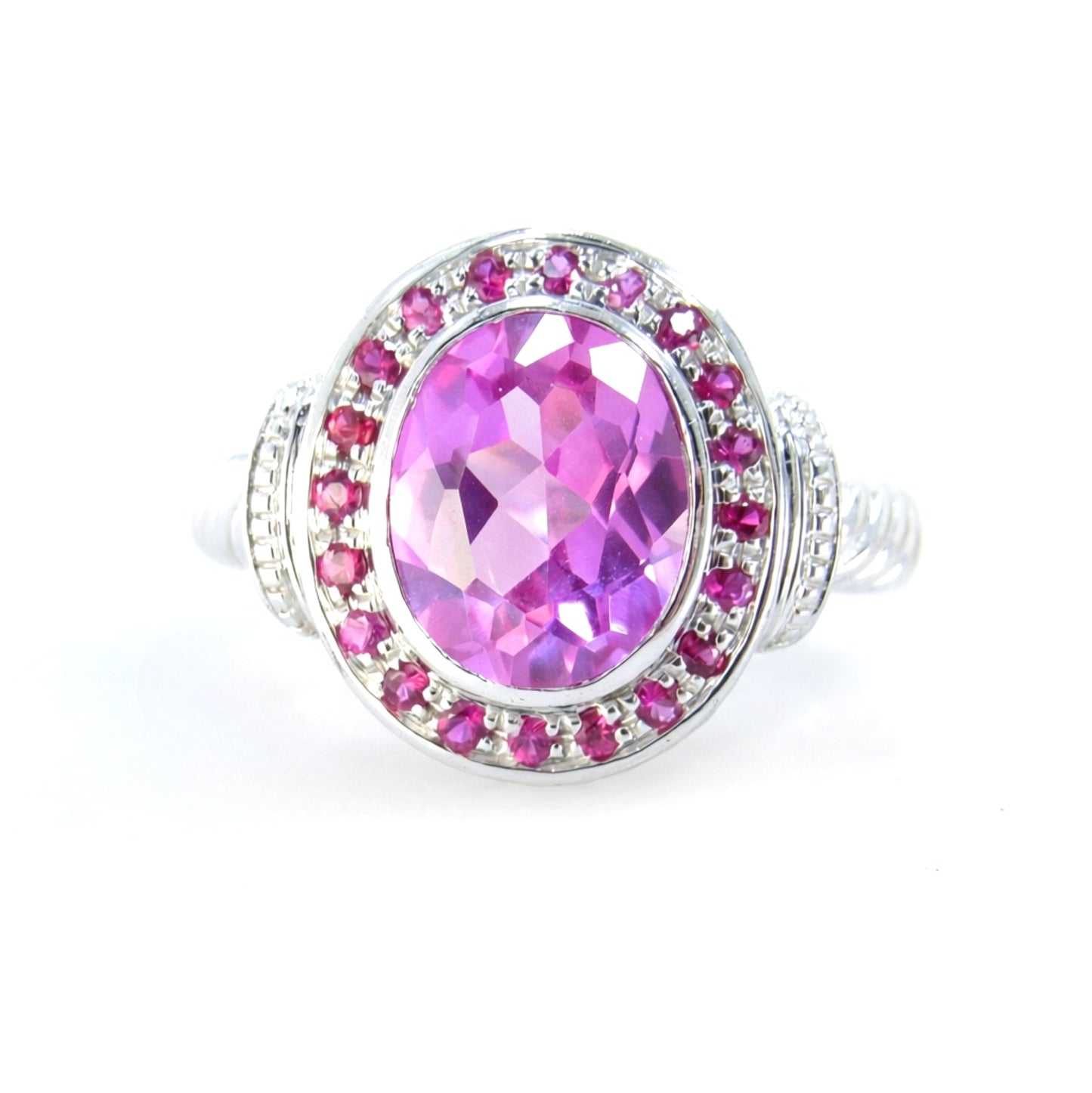 Pink Sapphire & Ruby Oval Halo Bezel Set Engagement Ring Ruby Halo Ring 4ct 10x8mm bridal Wedding Anniversary promise ring-Ready to ship Wan Love Designs