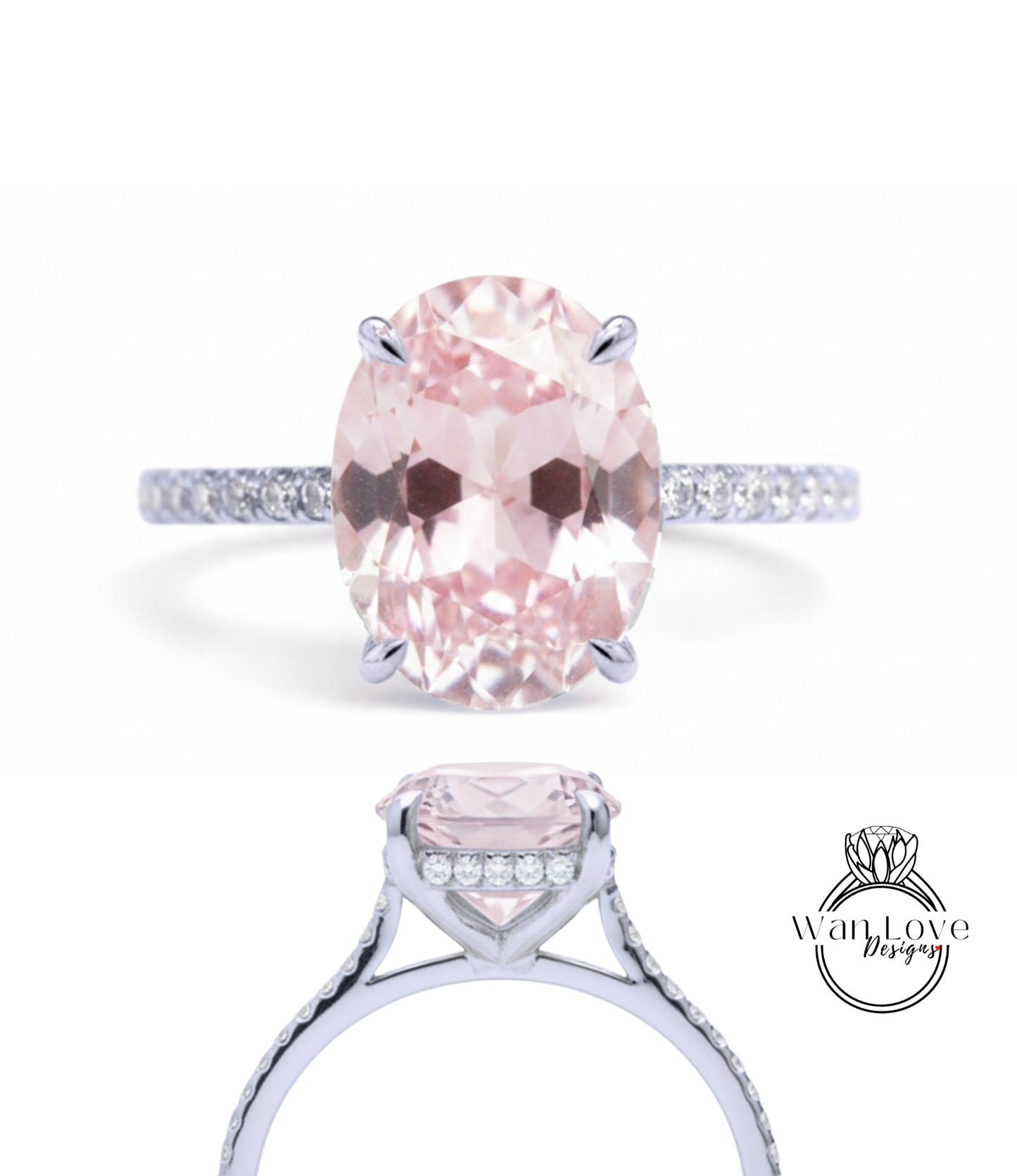 A close-up view of a diamond engagement ring with a large oval-shaped pink gemstone set in a silver band.