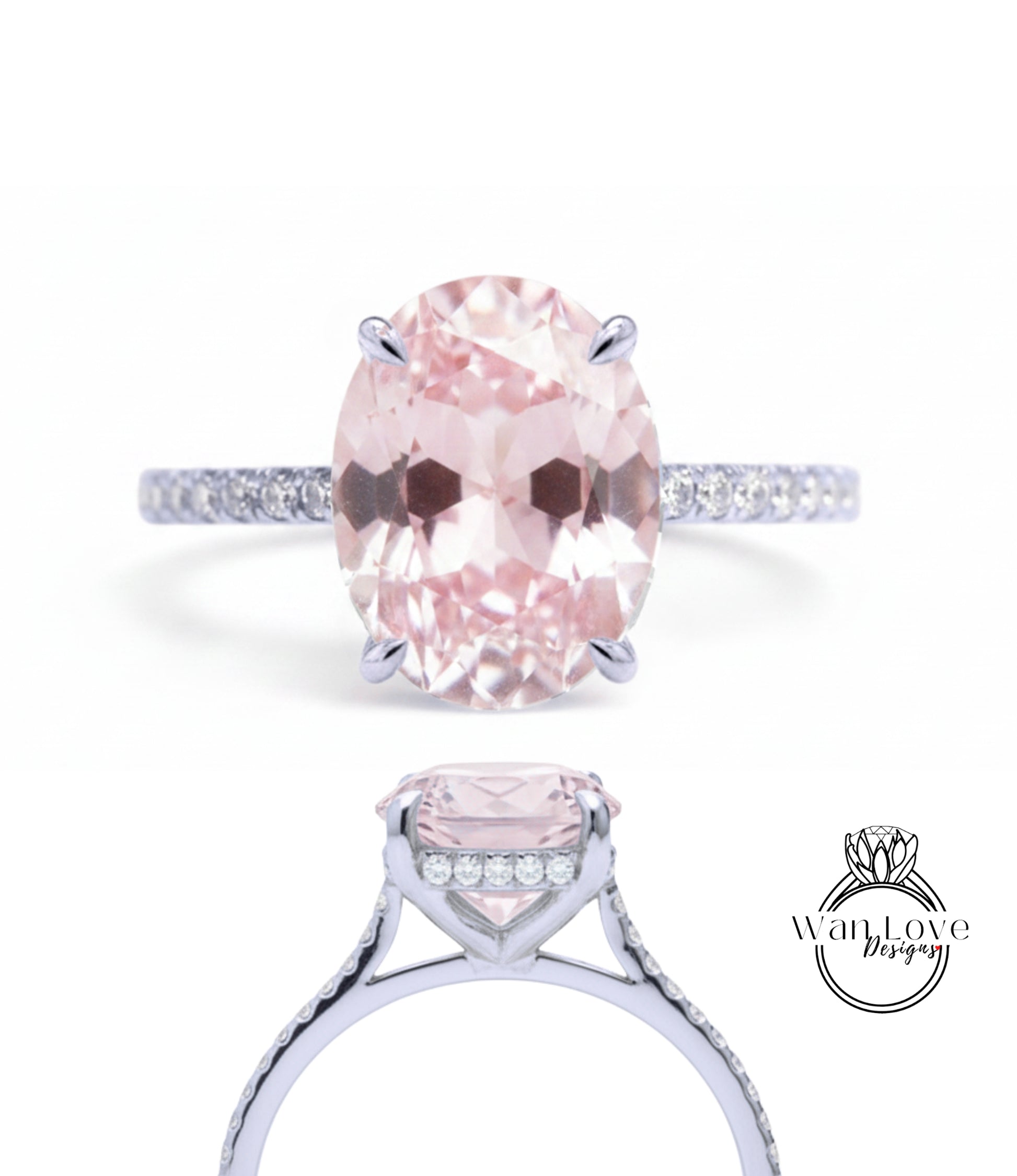 A close-up view of a diamond engagement ring with a large oval-shaped pink gemstone set in a silver band.