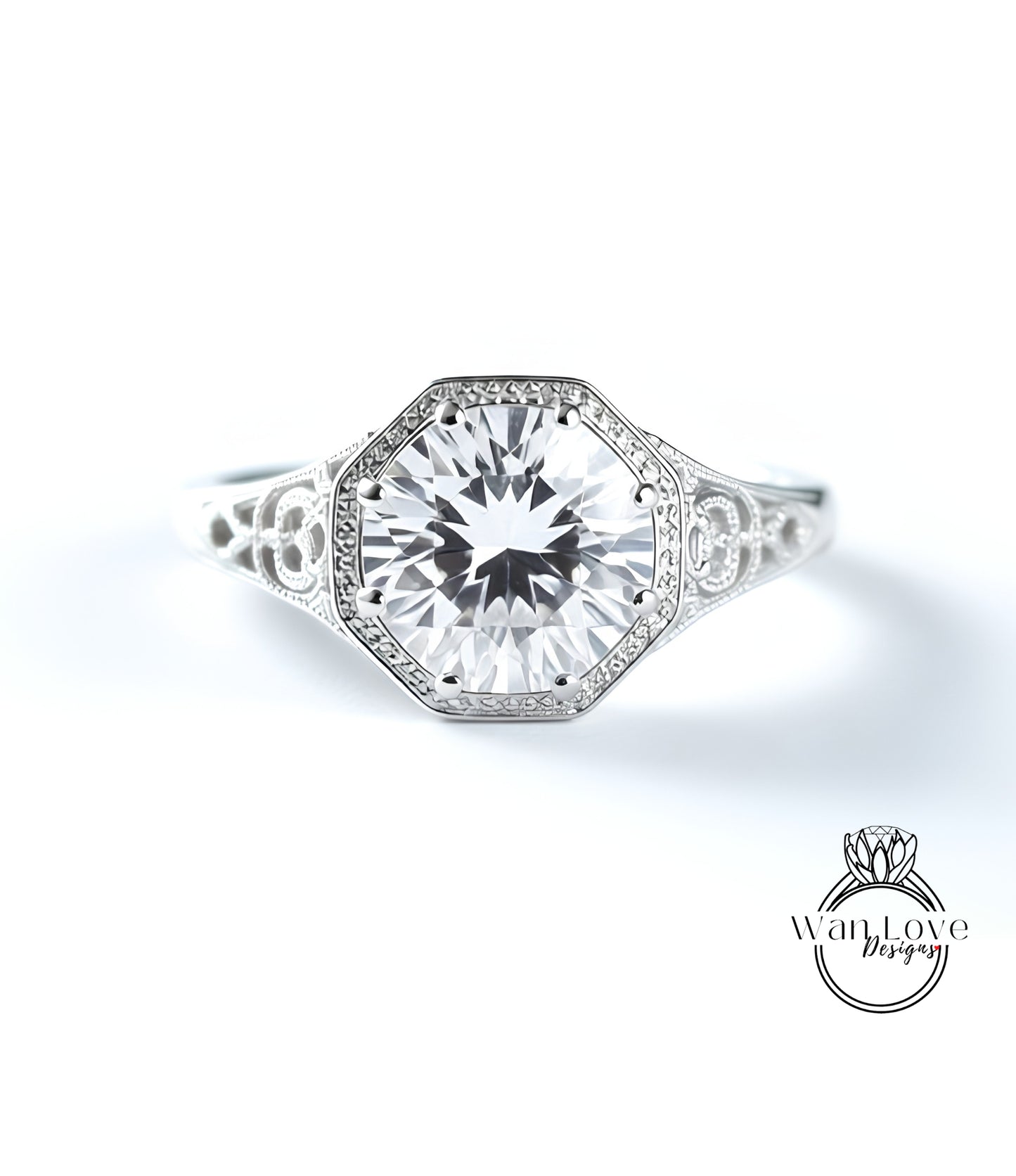 A close-up view of a diamond engagement ring with a large central diamond surrounded by smaller diamonds set in an ornate band.
