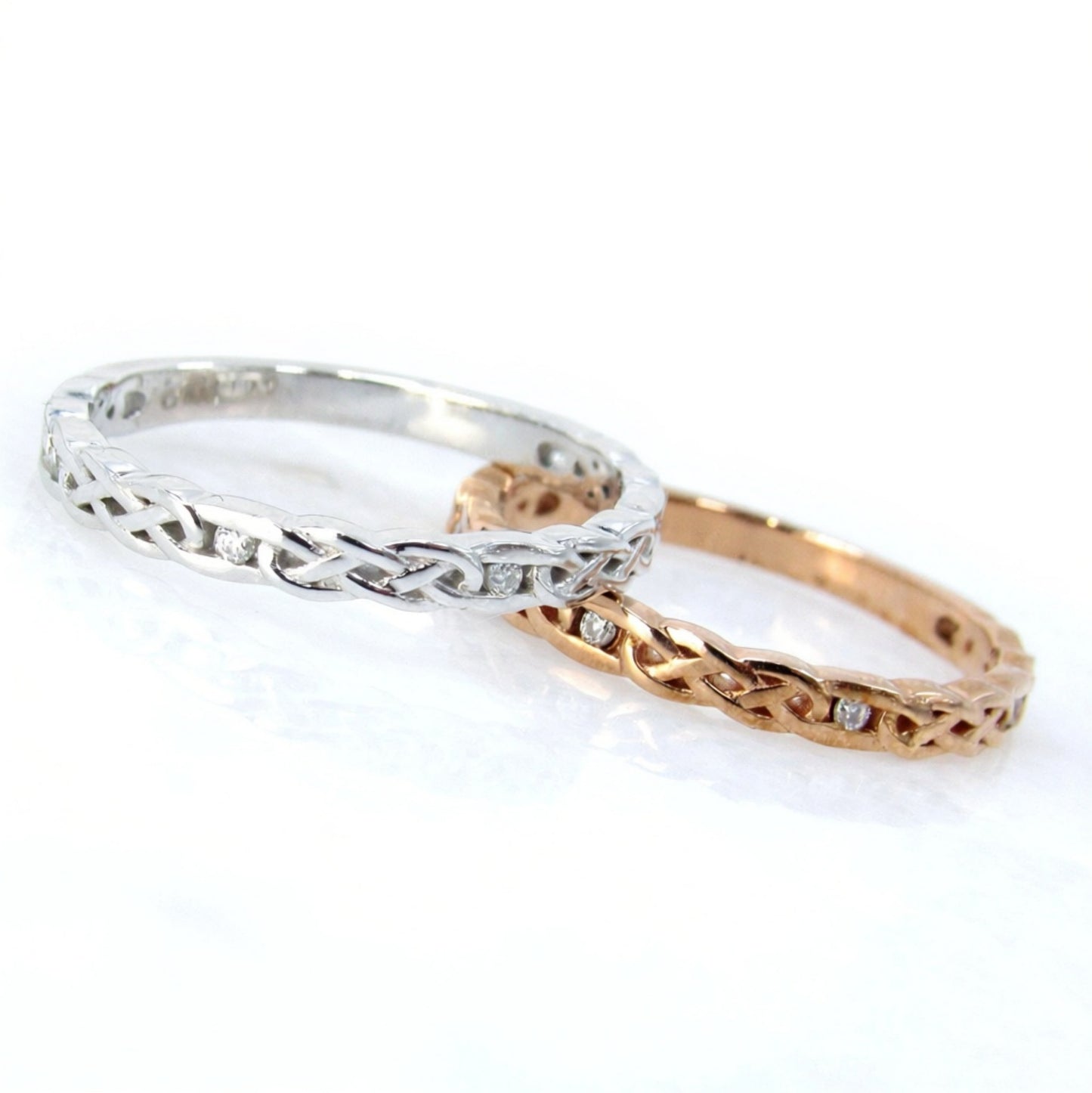 Moissanite Celtic Knot Braided Infinity Twist Split Shank womans Wedding Band Ring Rose or White Gold Custom Anniversary Gift Ready to Ship Wan Love Designs