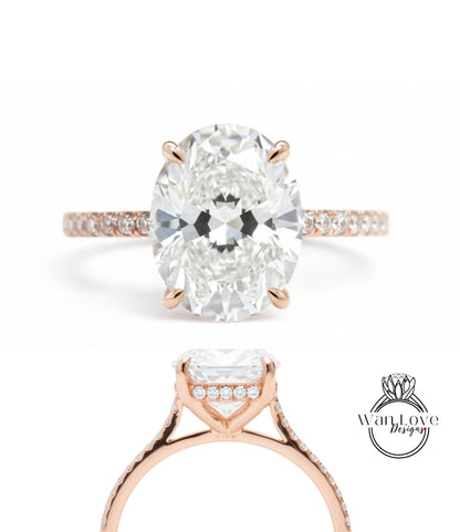 a beautiful diamond engagement ring with a large oval-shaped diamond set in a rose gold band.