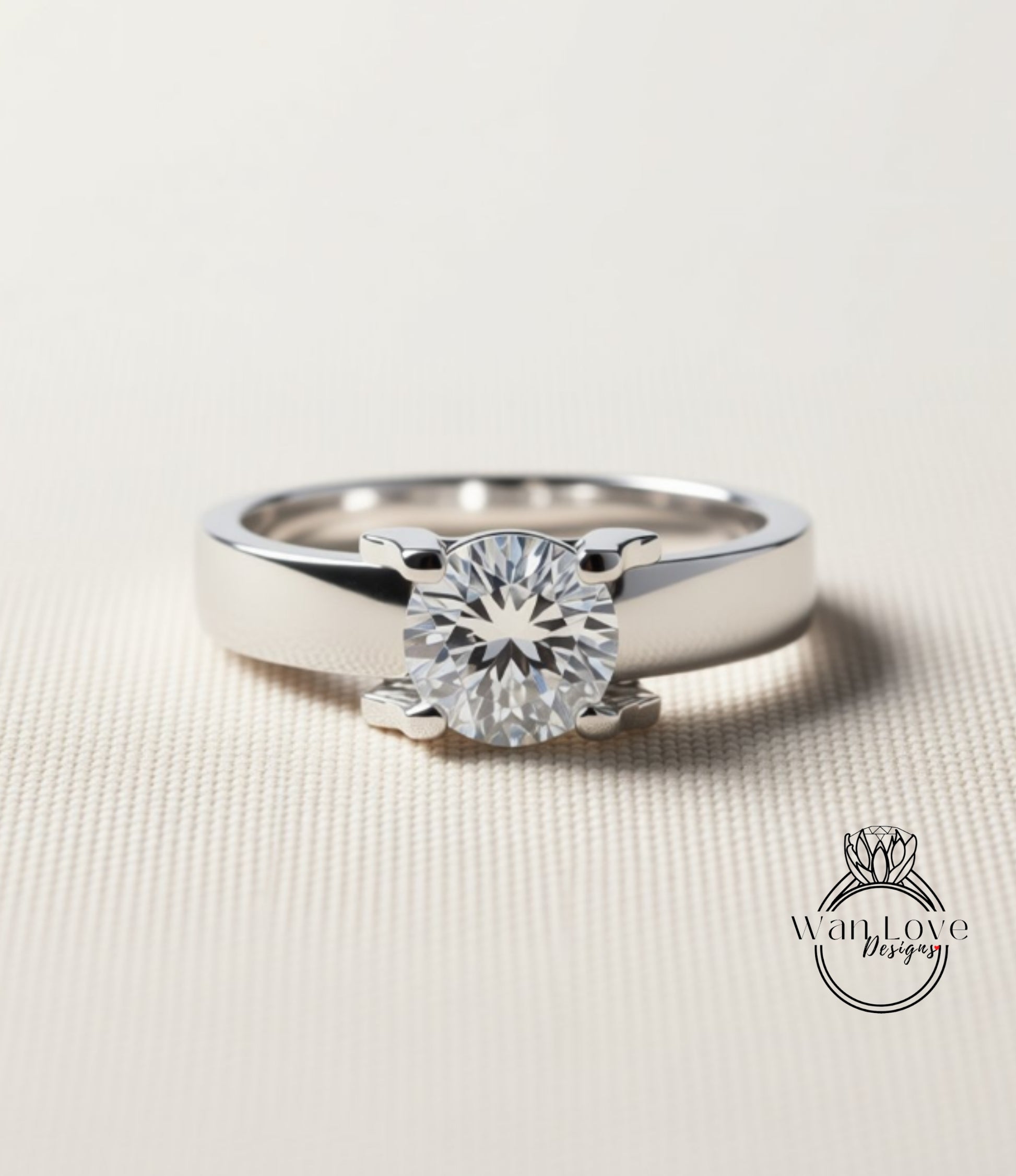 A close-up image of a silver ring with a large, clear diamond set in the center.
