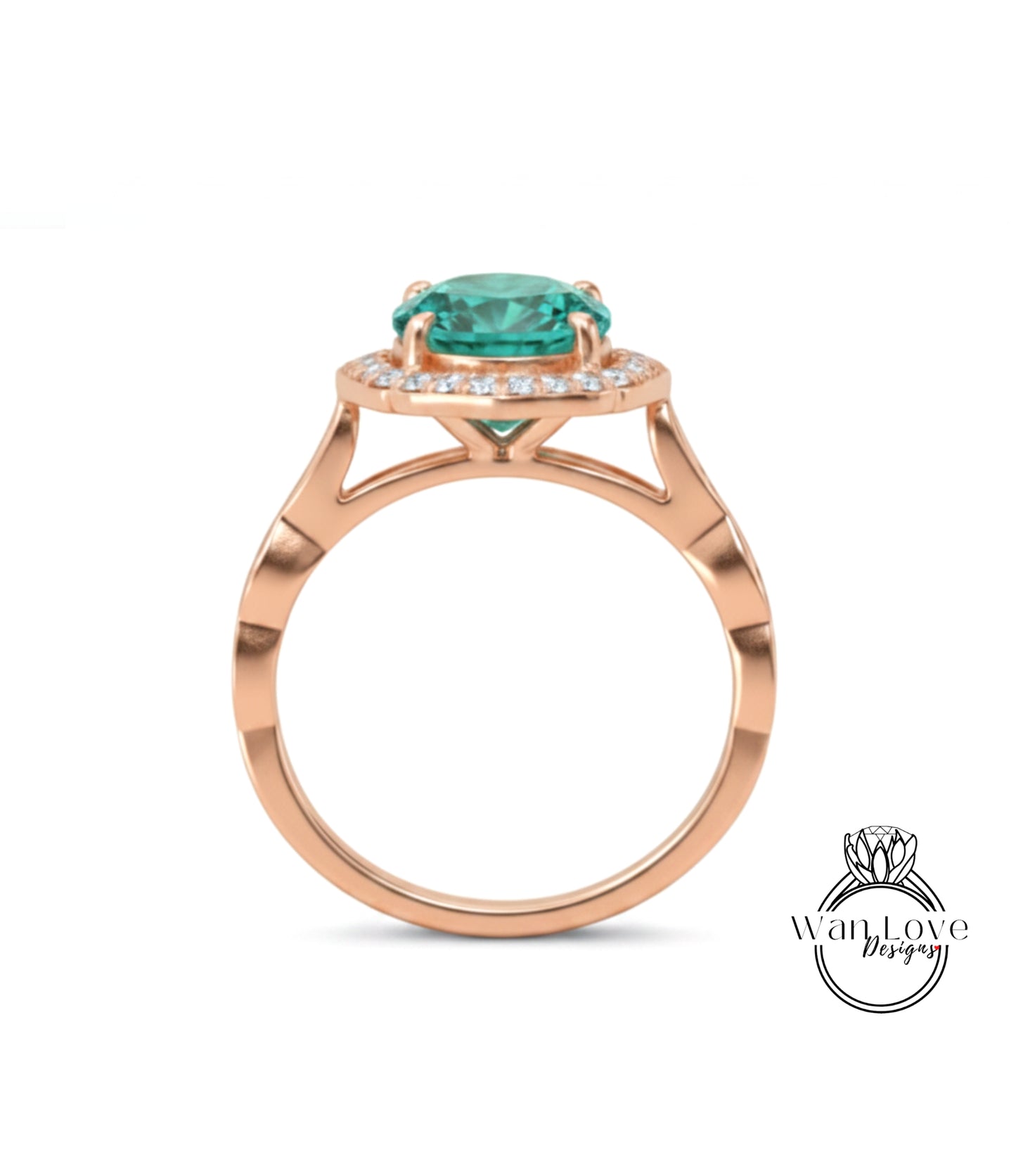 A rose gold ring with a large, round, green gemstone set in the center.