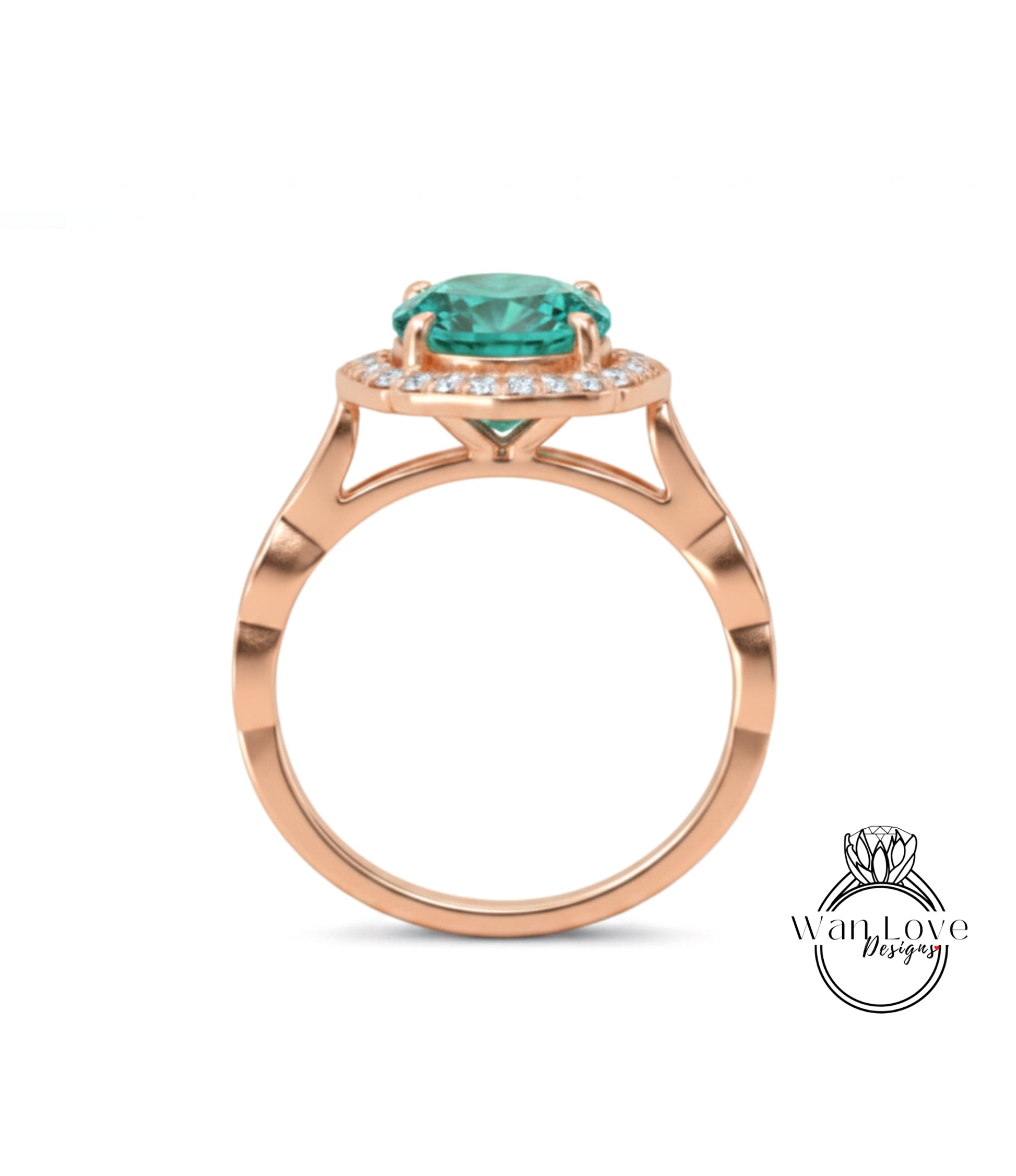 A rose gold ring with a large, round, green gemstone set in the center.