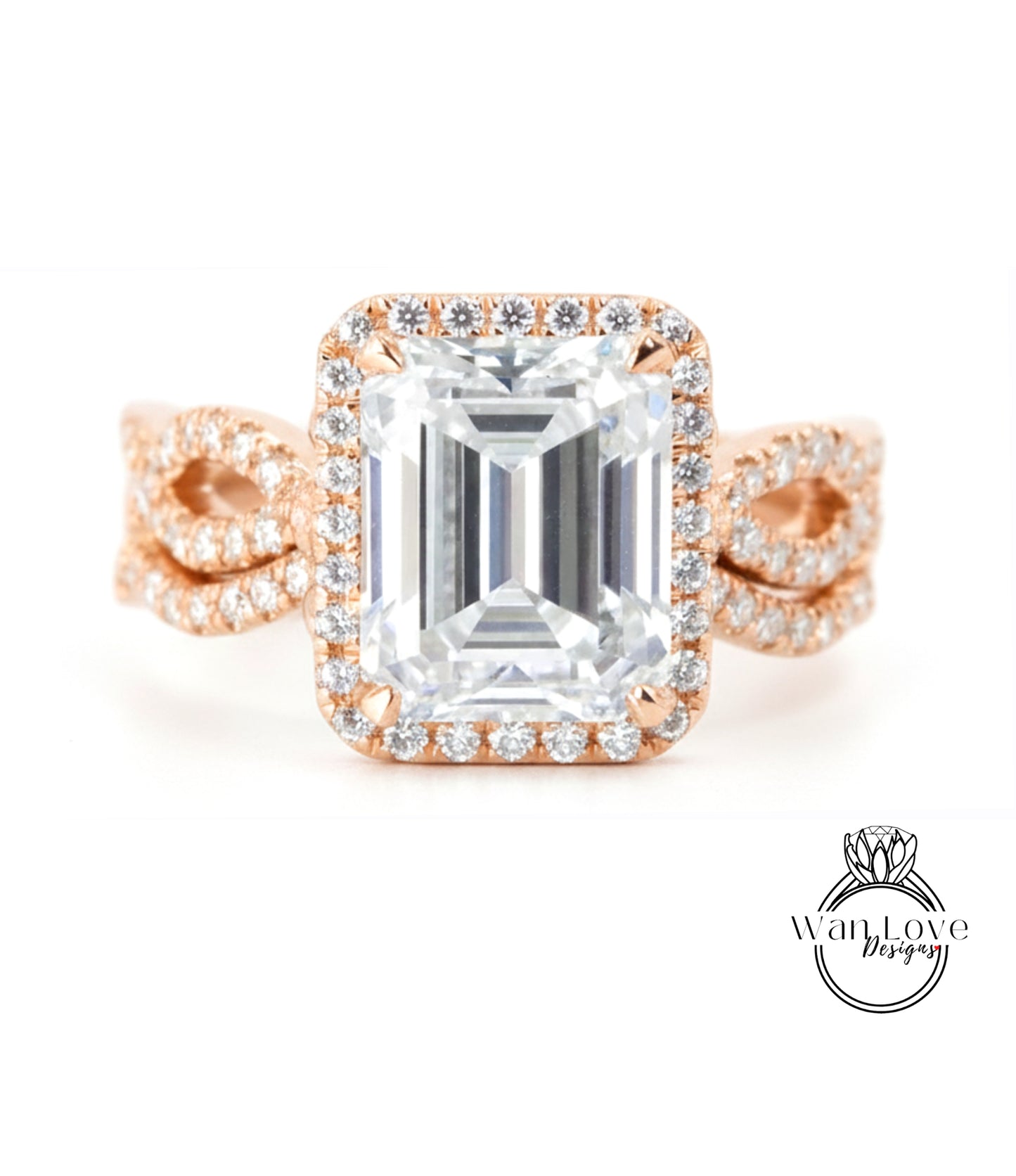 A large, clear diamond engagement ring with a halo of smaller diamonds around the center stone.