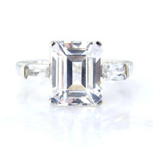 Vintage emerald cut White Sapphire engagement ring three stone ring art deco antique baguette ring anniversary wedding ring ~ Ready to Ship Wan Love Designs