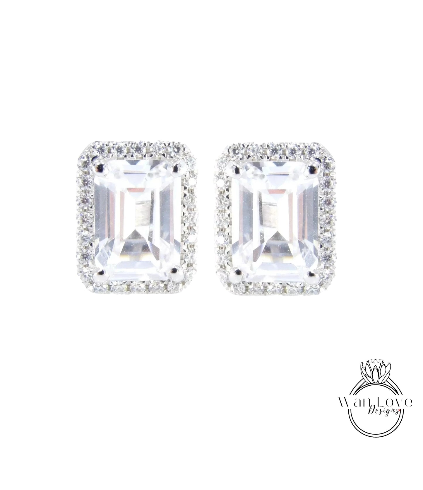 2ct Minimalist Emerald Diamond Halo Earrings • Emerald Cut Moissanite Earrings • Perfect Simple Earrings • Wedding Earrings • Gift for Her Wan Love Designs