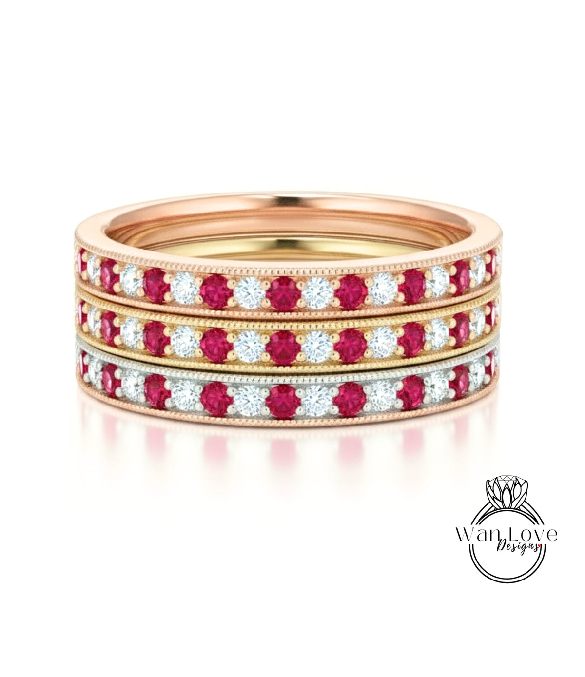 A gold ring with three concentric bands of red and white diamonds.