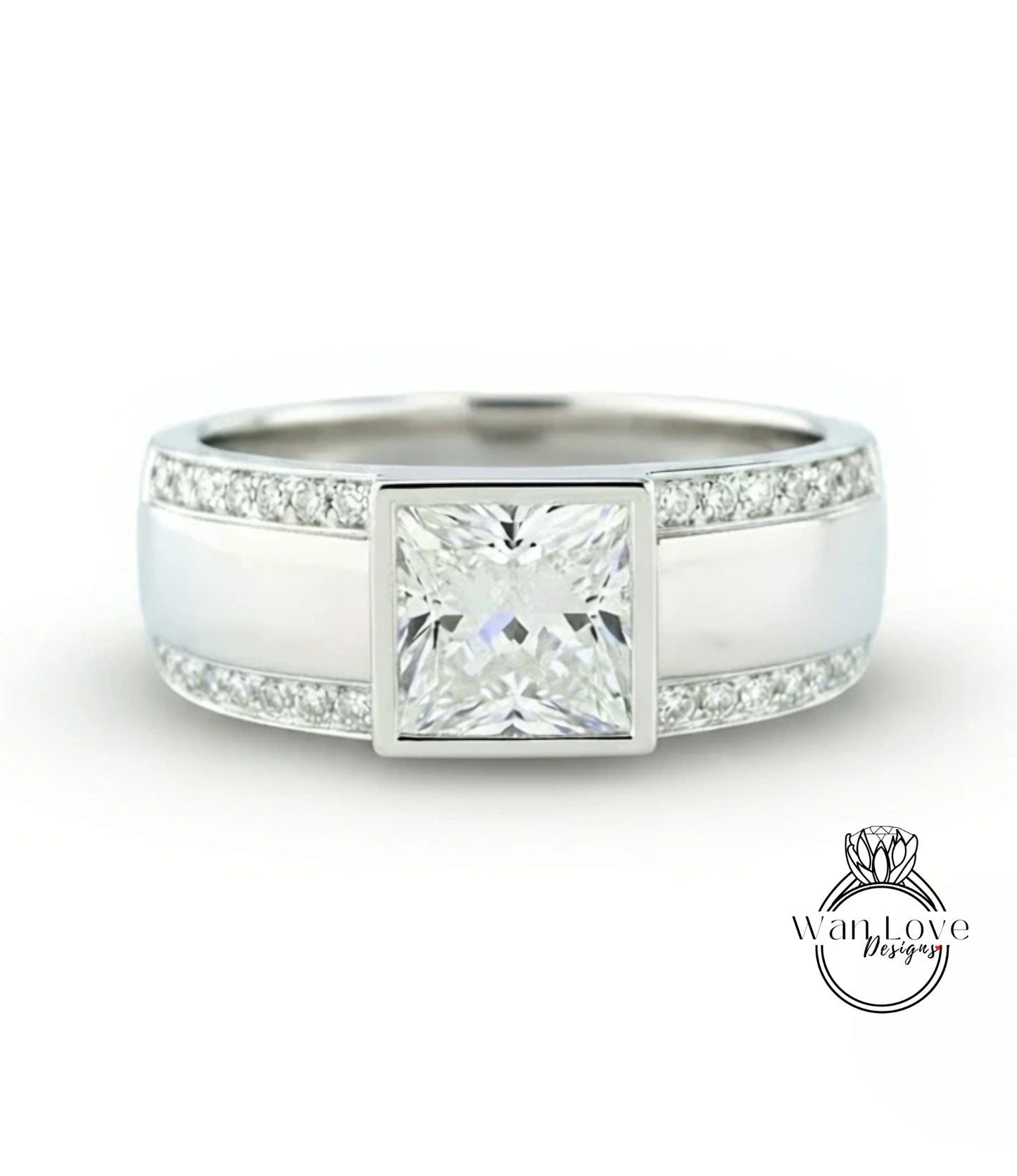 A silver ring with a large diamond in the center, surrounded by smaller diamonds along the band.