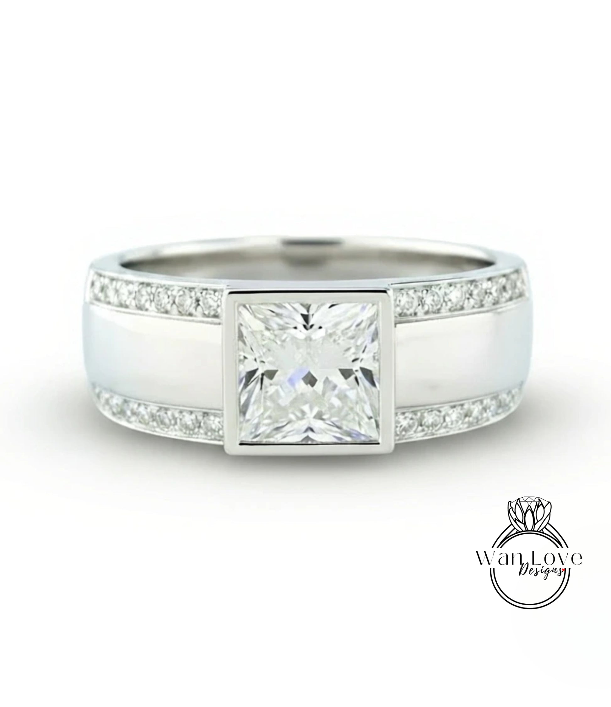 A silver ring with a large diamond in the center, surrounded by smaller diamonds along the band.