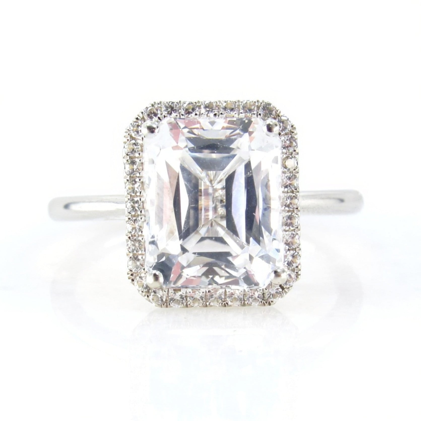 White Sapphire engagement ring emerald cut ring halo ring white sapphire ring vintage art deco prong ring anniversary ring -Ready to ship
