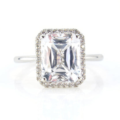 White Sapphire engagement ring emerald cut ring halo ring white sapphire ring vintage art deco prong ring anniversary ring -Ready to ship