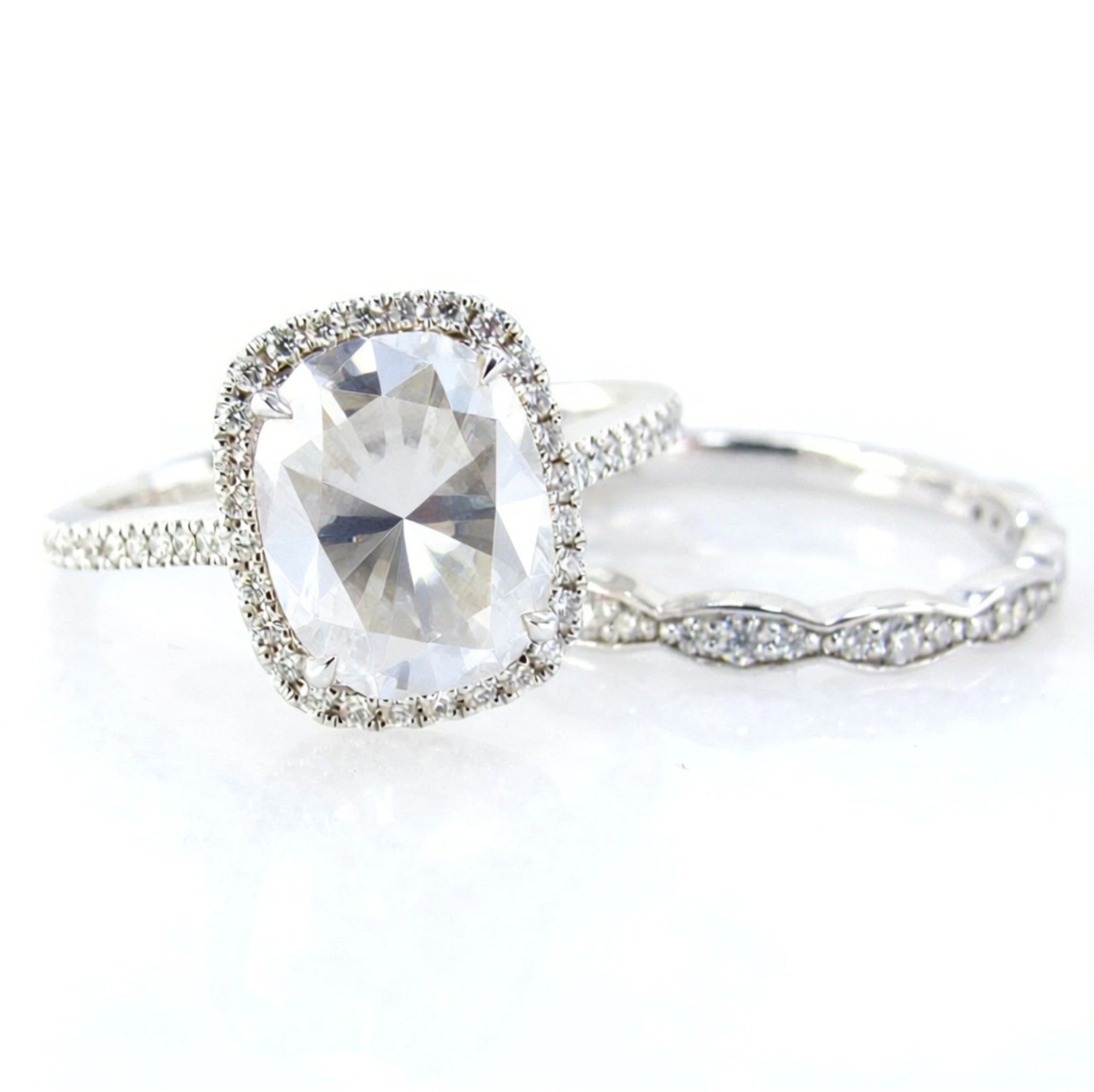 Champagne Yellow Moissanite Diamond Elongated Cushion Halo Engagement Ring Set Scalloped Wedding Band Long-4ct-10x8mm-Custom-Ready to Ship Wan Love Designs