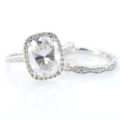 Champagne Yellow Moissanite Diamond Elongated Cushion Halo Engagement Ring Set Scalloped Wedding Band Long-4ct-10x8mm-Custom-Ready to Ship Wan Love Designs