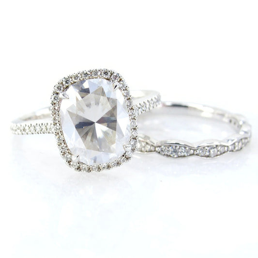 Champagne Yellow Moissanite Diamond Elongated Cushion Halo Engagement Ring Set Scalloped Wedding Band Long-4ct-10x8mm-Custom-Ready to Ship Wan Love Designs