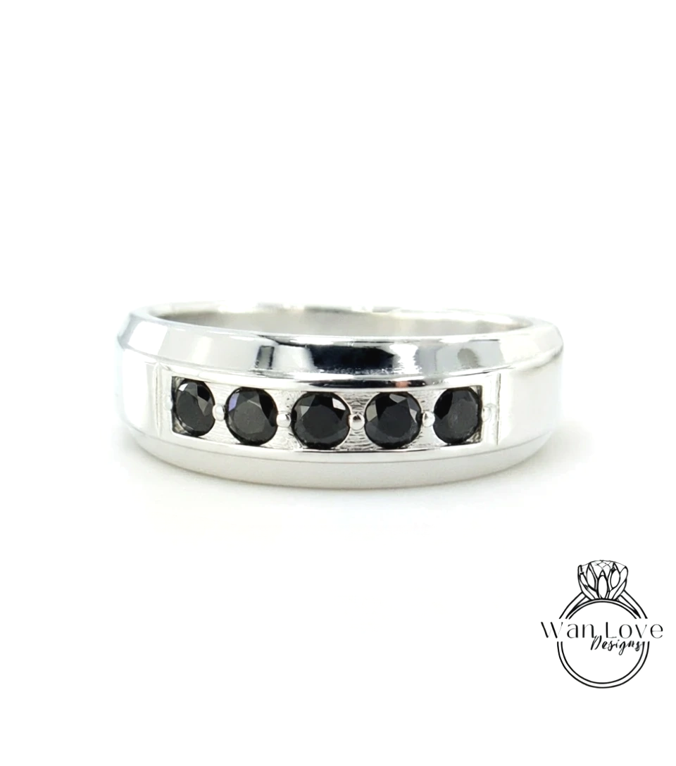 Mens Black Diamond Wedding Ring | White Gold Mens Wedding Band | Round Cut Black Spinel Band | 14k/18k Gold/Platinum Ring |His Wedding Band
